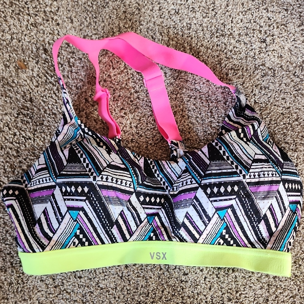 VSX Multicolor Geometric Sports Bra with Pink and Green Accents